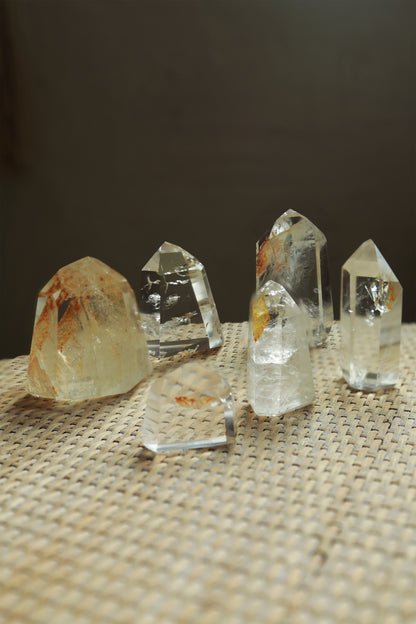 Extra Clear Golden Healer Leaf in Clear Quartz Tower