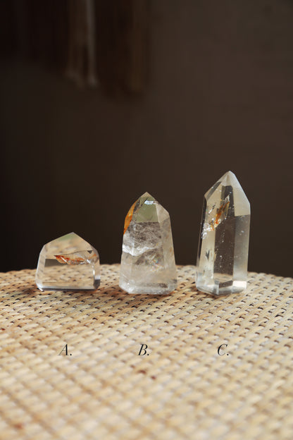 Extra Clear Golden Healer Leaf in Clear Quartz Tower