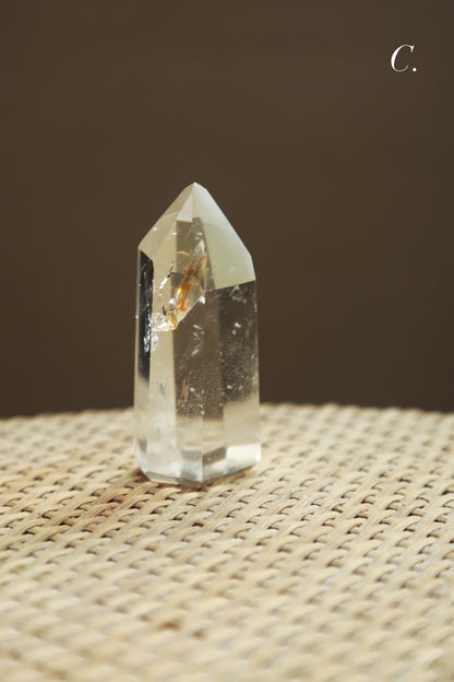 Extra Clear Golden Healer Leaf in Clear Quartz Tower