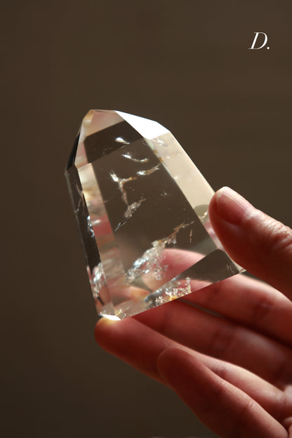 Extra Clear Golden Healer Leaf in Clear Quartz Tower
