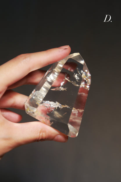 Extra Clear Golden Healer Leaf in Clear Quartz Tower