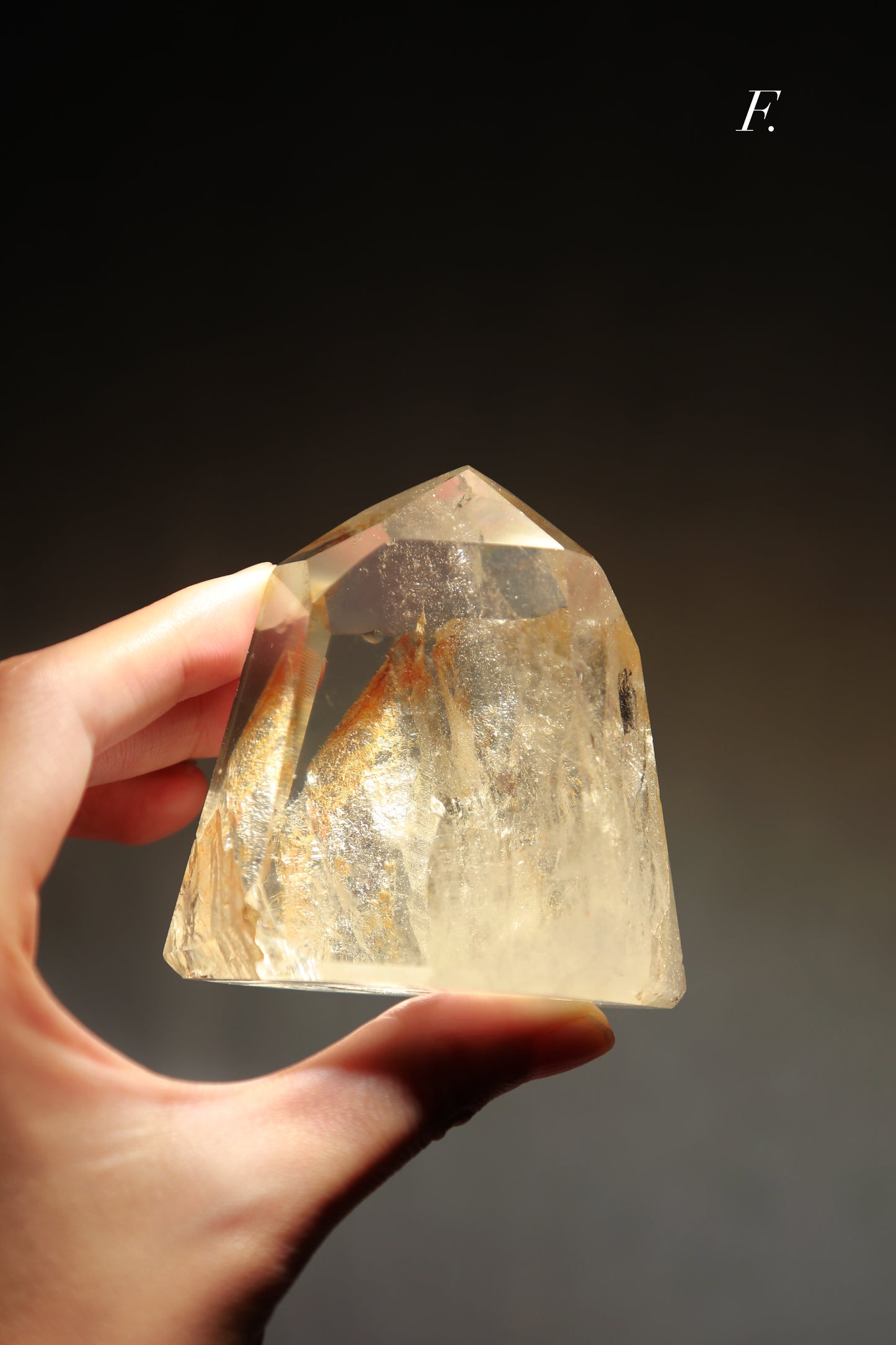 Extra Clear Golden Healer Leaf in Clear Quartz Tower