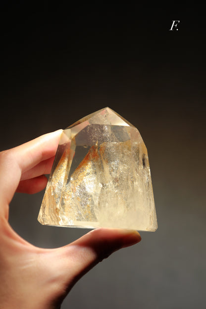 Extra Clear Golden Healer Leaf in Clear Quartz Tower