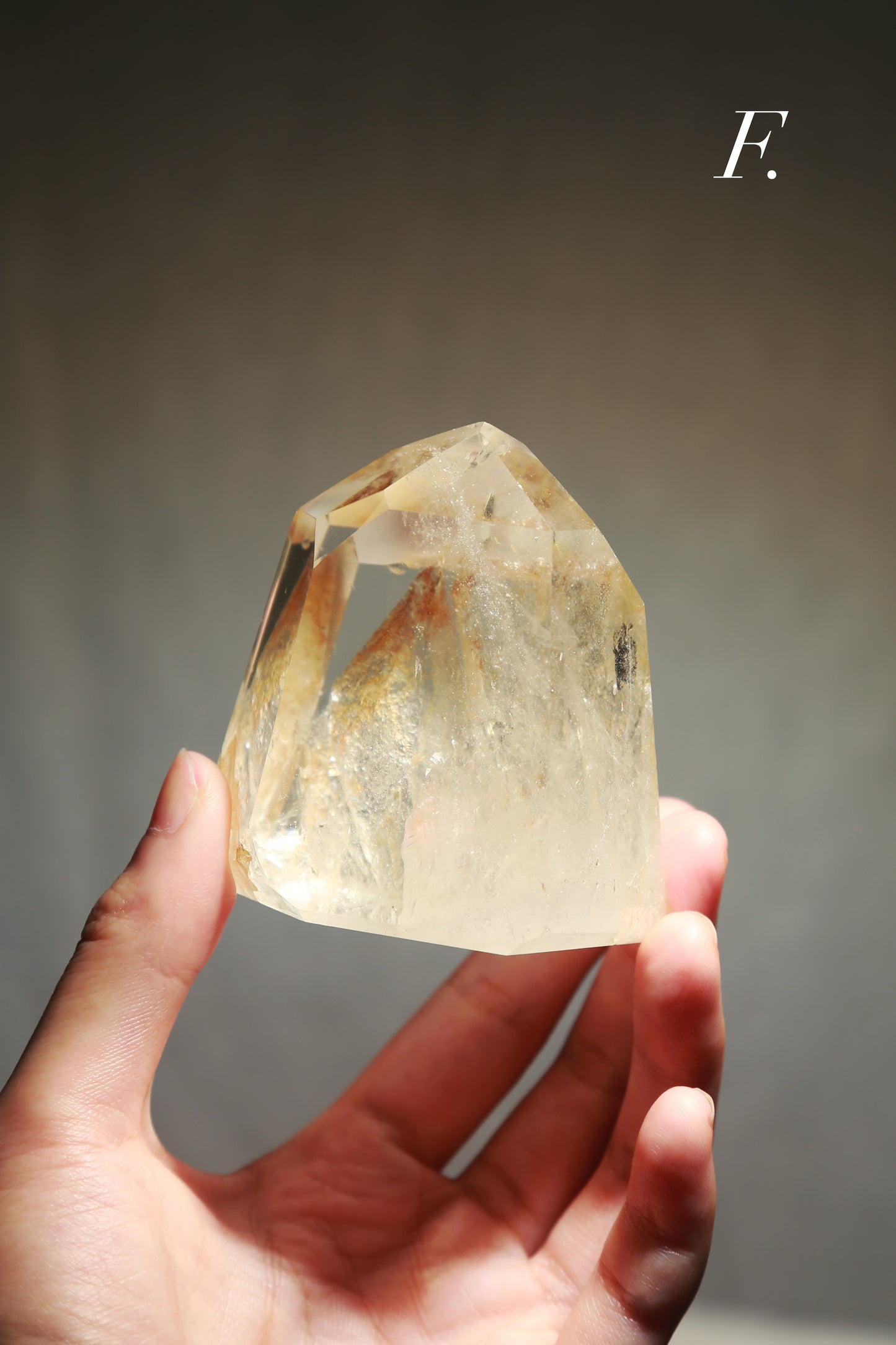 Extra Clear Golden Healer Leaf in Clear Quartz Tower