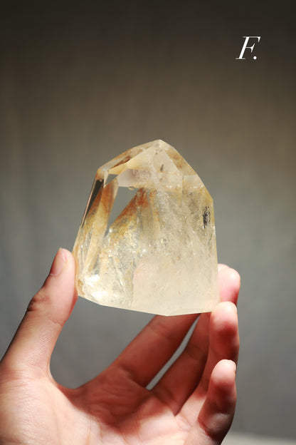 Extra Clear Golden Healer Leaf in Clear Quartz Tower