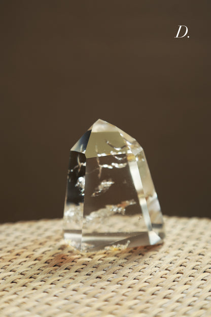 Extra Clear Golden Healer Leaf in Clear Quartz Tower