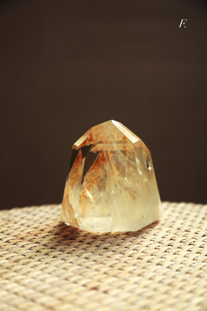 Extra Clear Golden Healer Leaf in Clear Quartz Tower