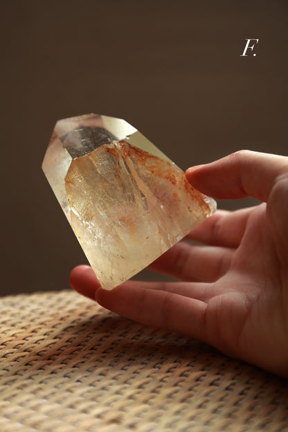 Extra Clear Golden Healer Leaf in Clear Quartz Tower