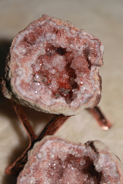 A Pair of 2 Large Pink Amethyst Geode Halves