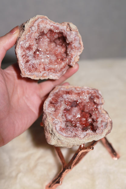 A Pair of 2 Large Pink Amethyst Geode Halves