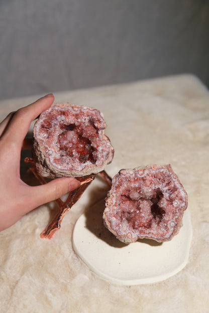 A Pair of 2 Large Pink Amethyst Geode Halves