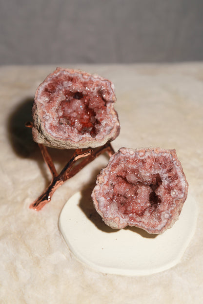 A Pair of 2 Large Pink Amethyst Geode Halves