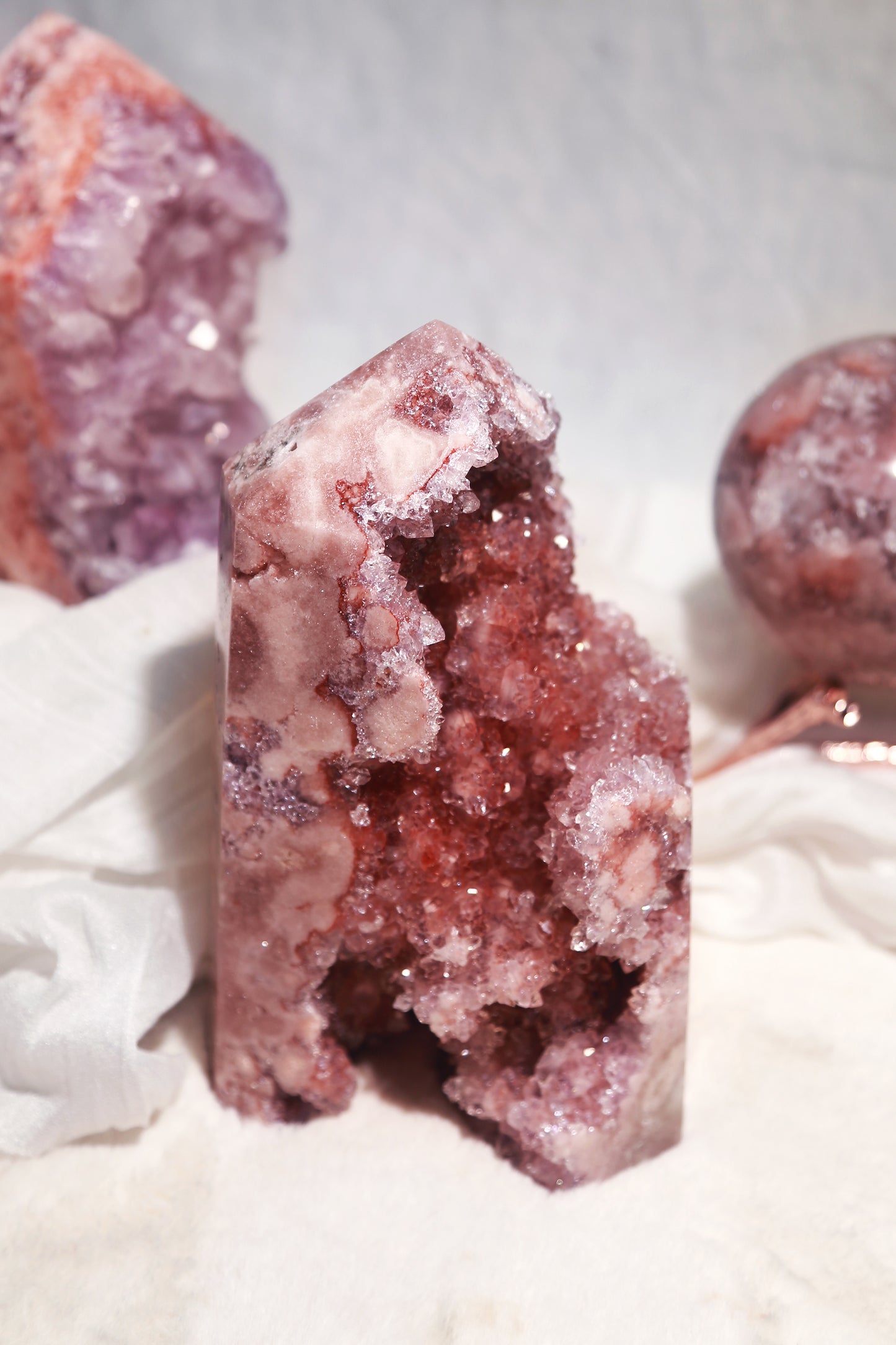 Reddish Druzy Pink Amethyst Statement Tower