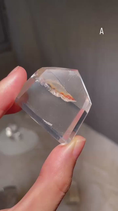 Extra Clear Golden Healer Leaf in Clear Quartz Tower