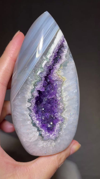 Druzy Amethyst in Blue Banded Agate Flame Freeform