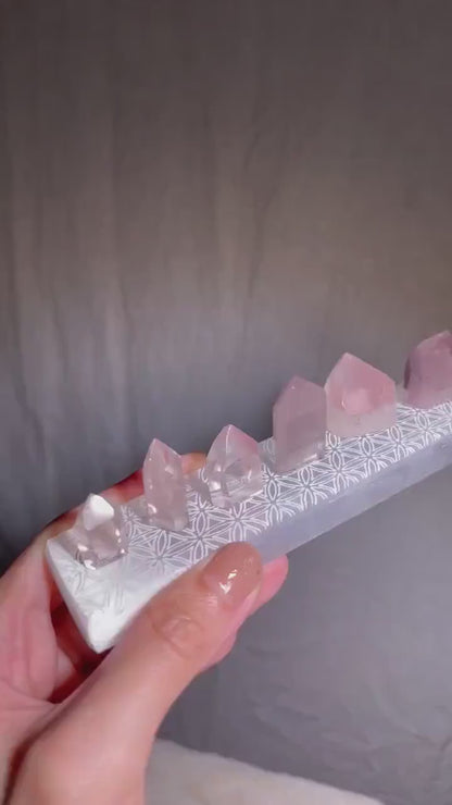 Pink Lithium Quartz Points Set of 7 w/ Selenite Plate
