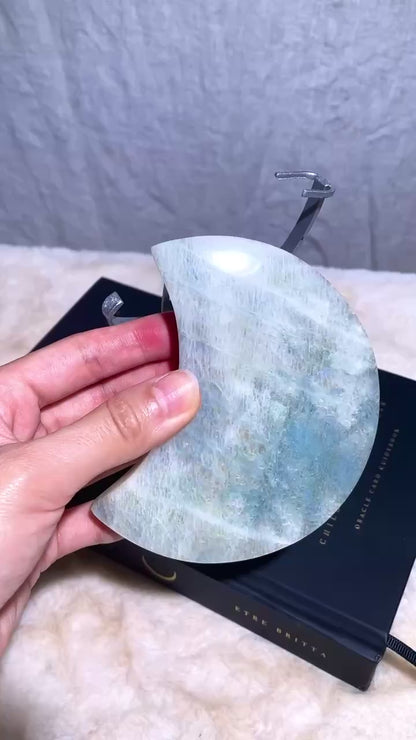 Sage Blue Green Moonstone Sunstone Moon with Stand