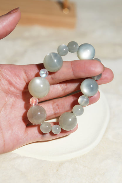 Blue Green Sage Moonstone x Glass Rainbow Moonstone Bead Bracelet