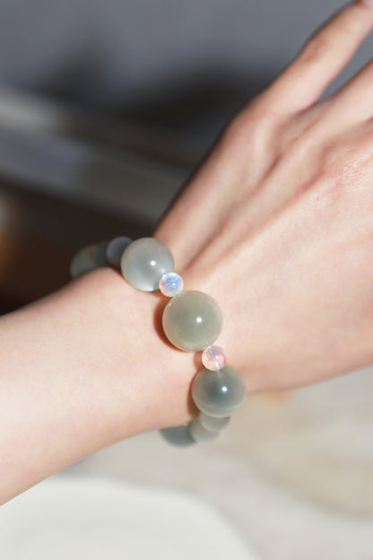 Blue Green Sage Moonstone x Glass Rainbow Moonstone Bead Bracelet