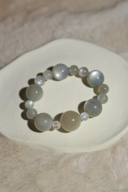 Blue Green Sage Moonstone x Glass Rainbow Moonstone Bead Bracelet