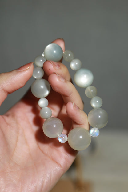 Blue Green Sage Moonstone x Glass Rainbow Moonstone Bead Bracelet