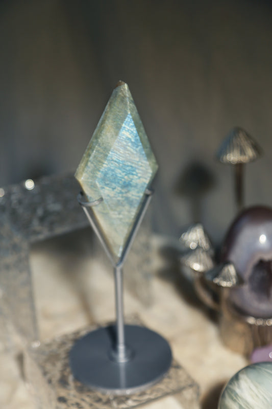 Sage Blue Green Moonstone Sunstone Diamond with Stand