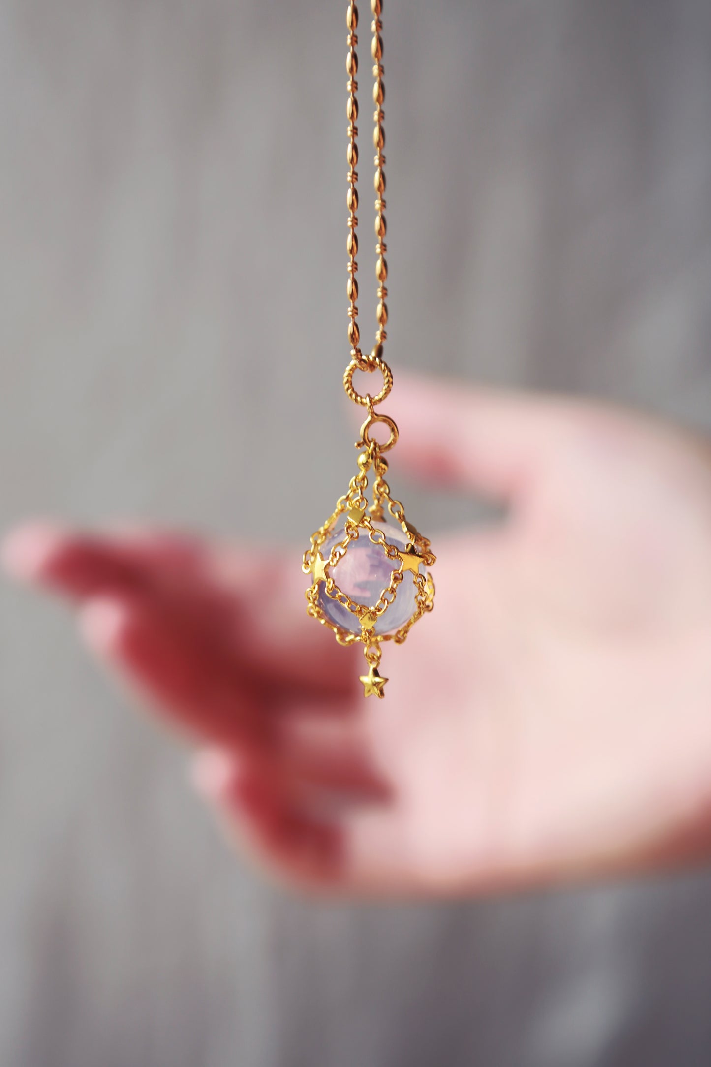 Lavender Moon Quartz Sphere in Star Catcher Mesh Necklace