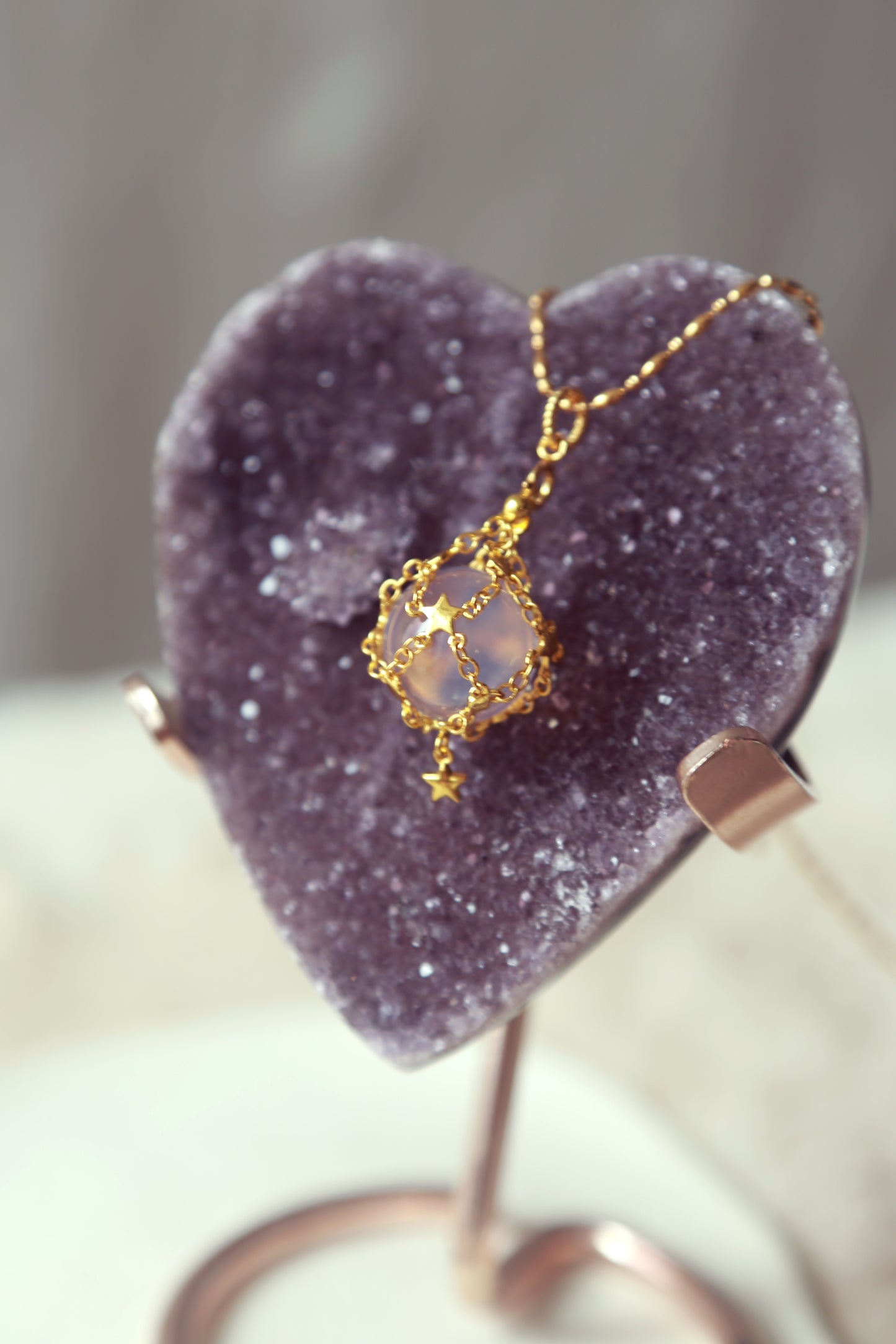 Lavender Moon Quartz Sphere in Star Catcher Mesh Necklace