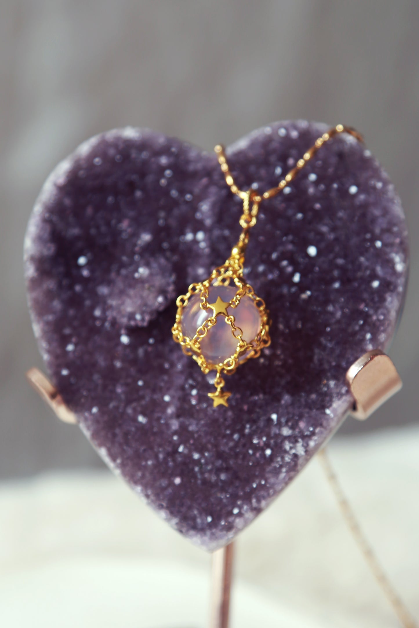 Lavender Moon Quartz Sphere in Star Catcher Mesh Necklace