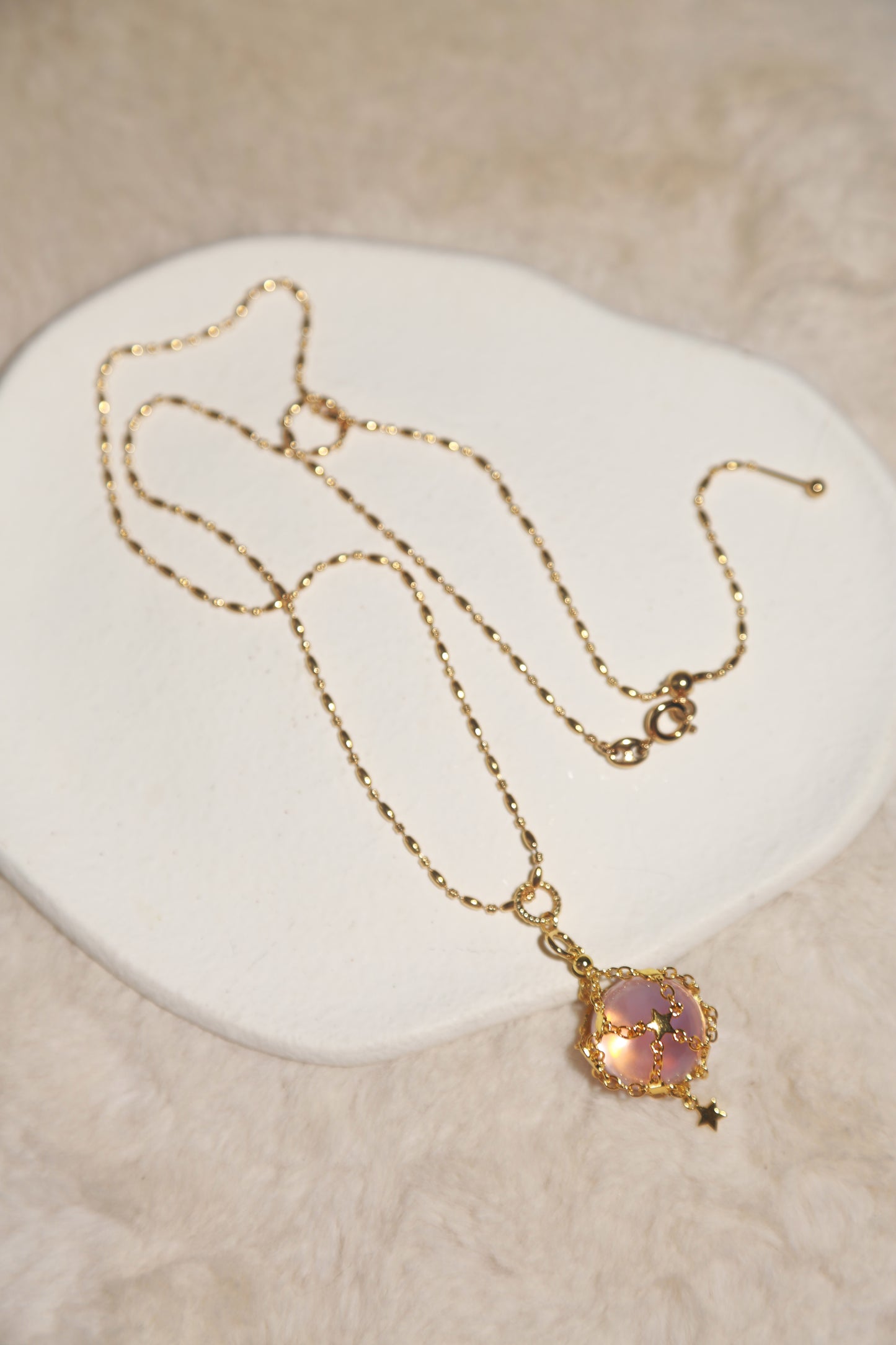 Lavender Moon Quartz Sphere in Star Catcher Mesh Necklace