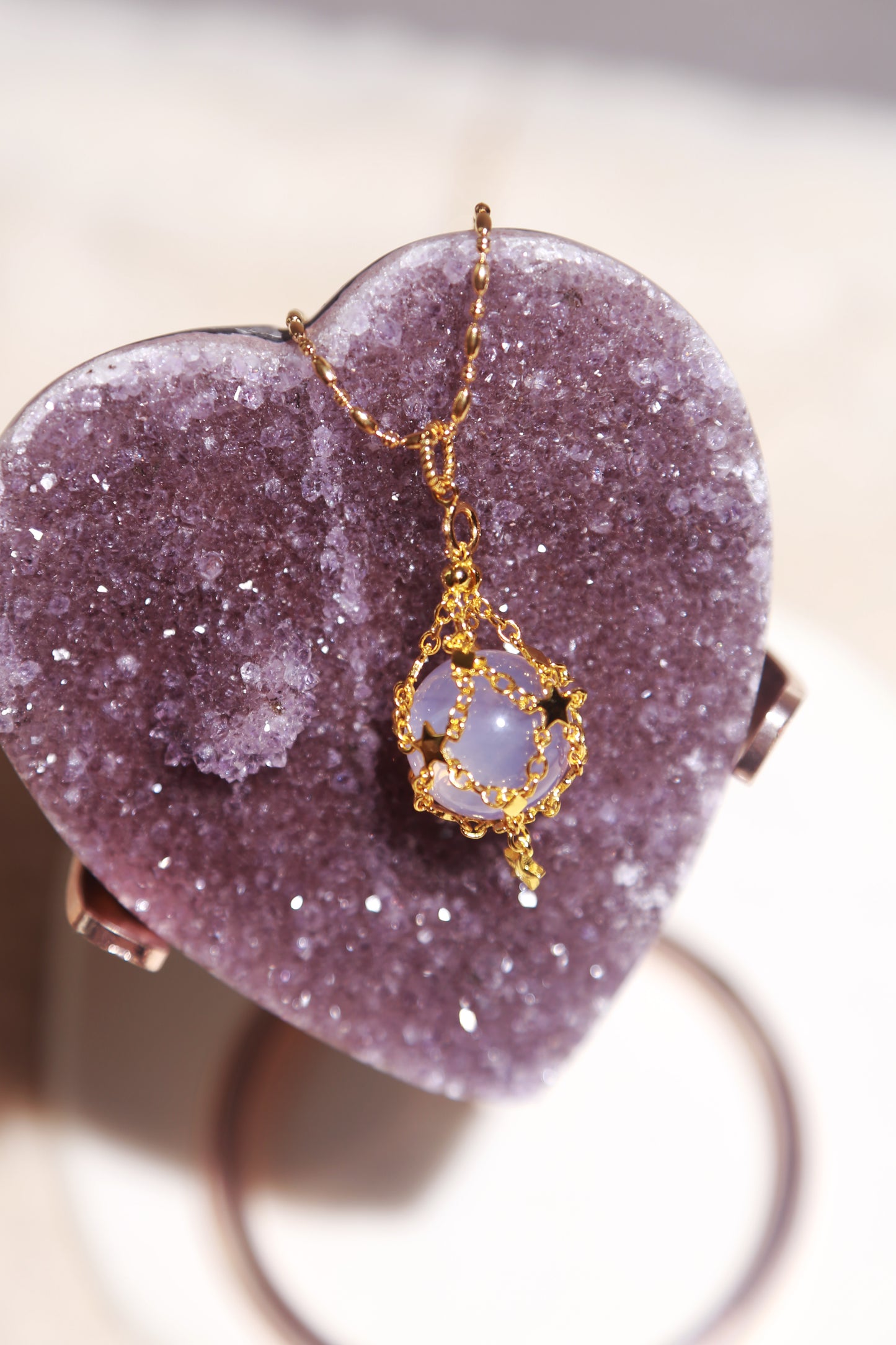 Lavender Moon Quartz Sphere in Star Catcher Mesh Necklace