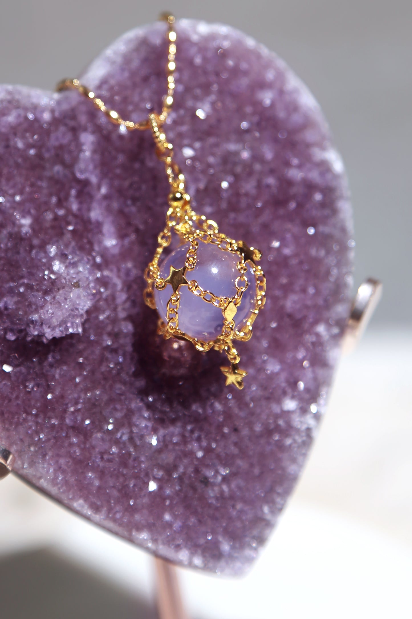 Lavender Moon Quartz Sphere in Star Catcher Mesh Necklace
