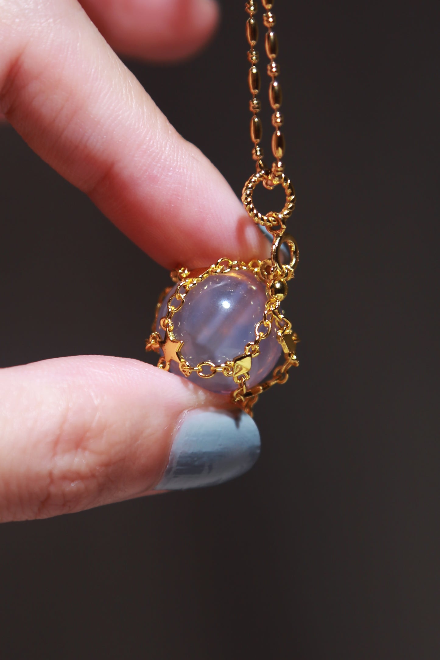 Lavender Moon Quartz Sphere in Star Catcher Mesh Necklace