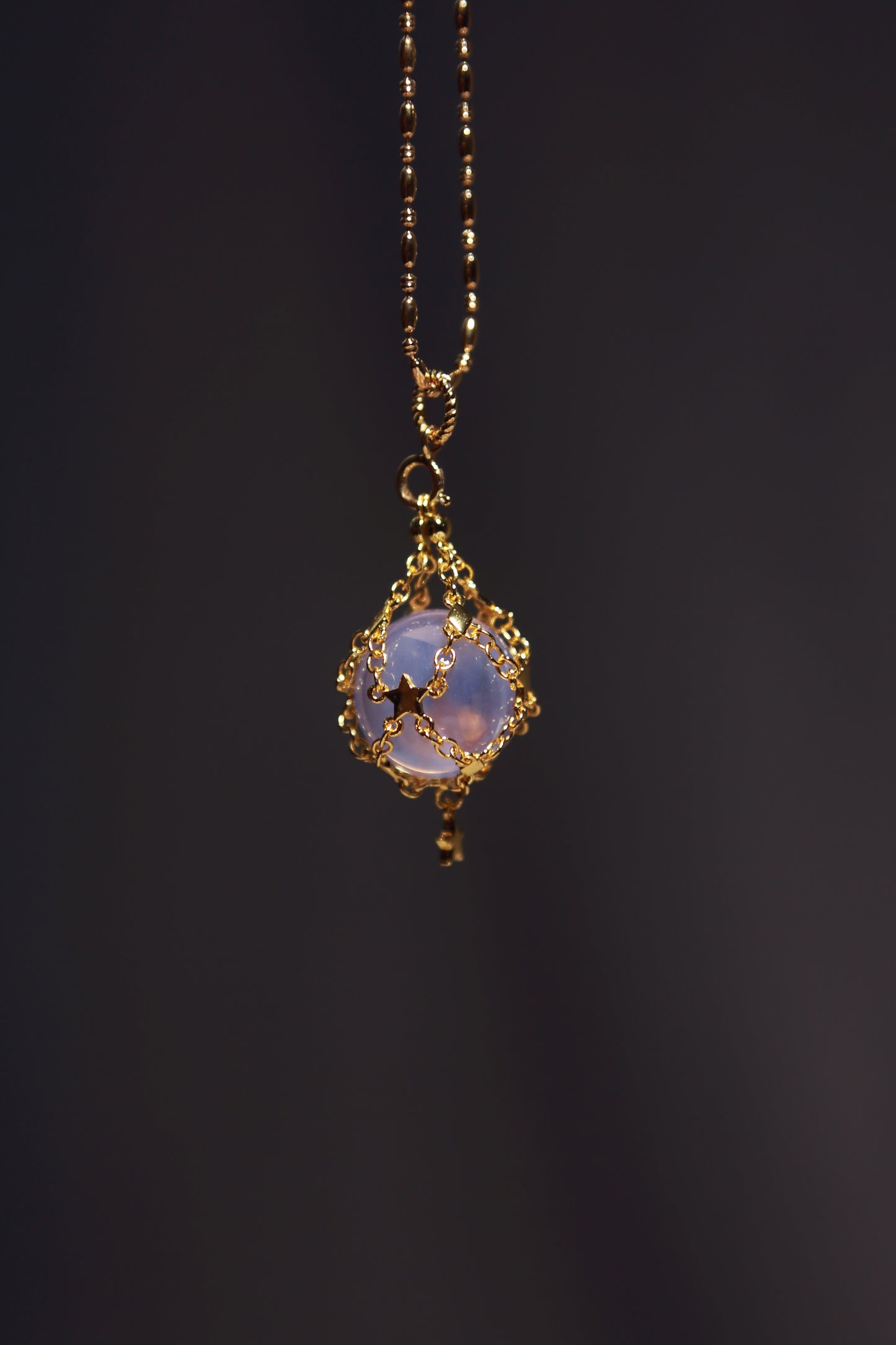 Lavender Moon Quartz Sphere in Star Catcher Mesh Necklace