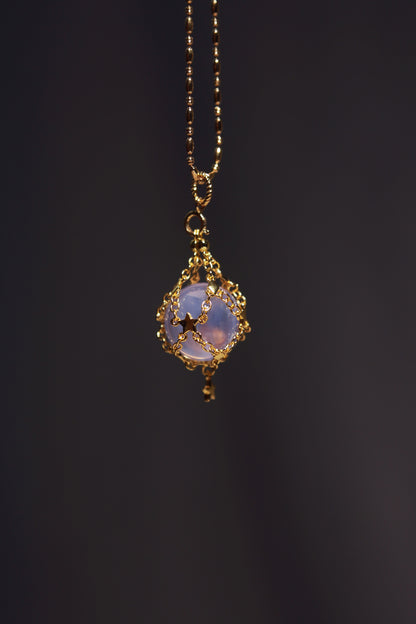 Lavender Moon Quartz Sphere in Star Catcher Mesh Necklace