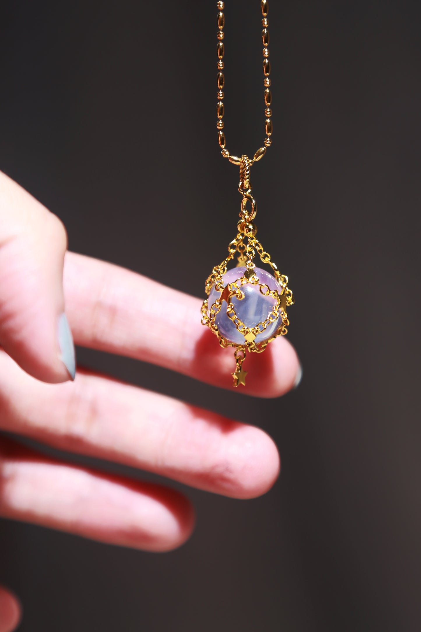 Lavender Moon Quartz Sphere in Star Catcher Mesh Necklace