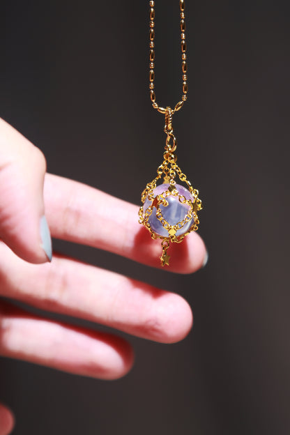 Lavender Moon Quartz Sphere in Star Catcher Mesh Necklace