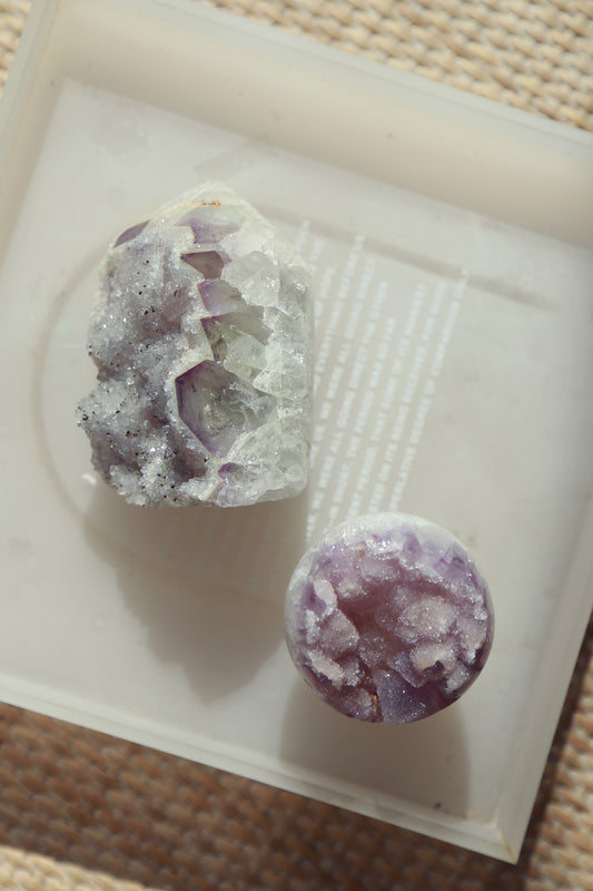 Sugar Druzy Green Amethyst with Purple Druzy Tower and Sphere