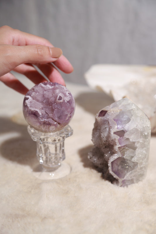 Sugar Druzy Green Amethyst with Purple Druzy Tower and Sphere